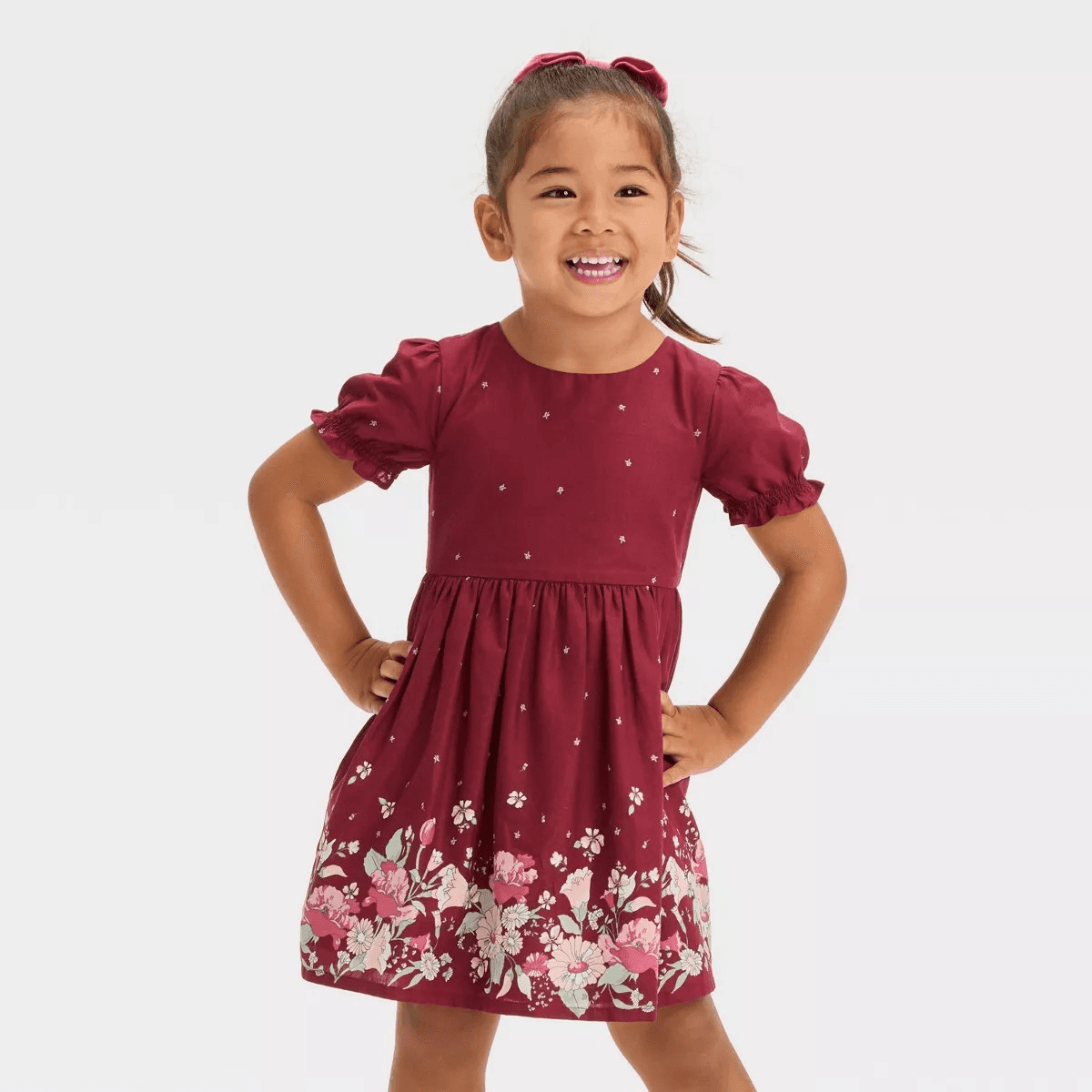 #2599 3T OshKosh B'goshToddler Girls' Short Sleeve Woven Floral Printed Dress - Burgundy - Default