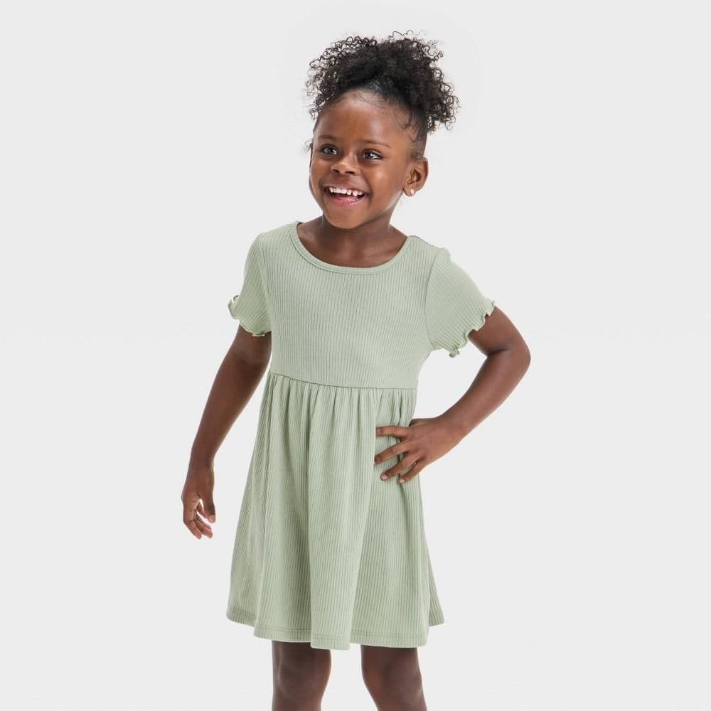 #6747 5T Toddler Girls' Short Sleeve Ribbed Dress - Cat & Jack™ Olive Green a-Line, Crew Neck - Cat & Jack™ Olive Green 5T: A-Line, Crew Neck