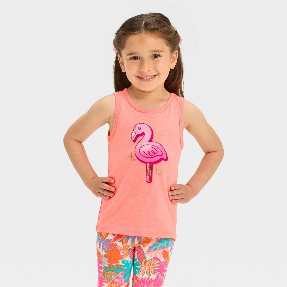 #7026 3T Toddler Girls' Peach Flamingo "Ice Cream" Graphic Tank Top- Cat & JACKTM Peach Orange - Regular
