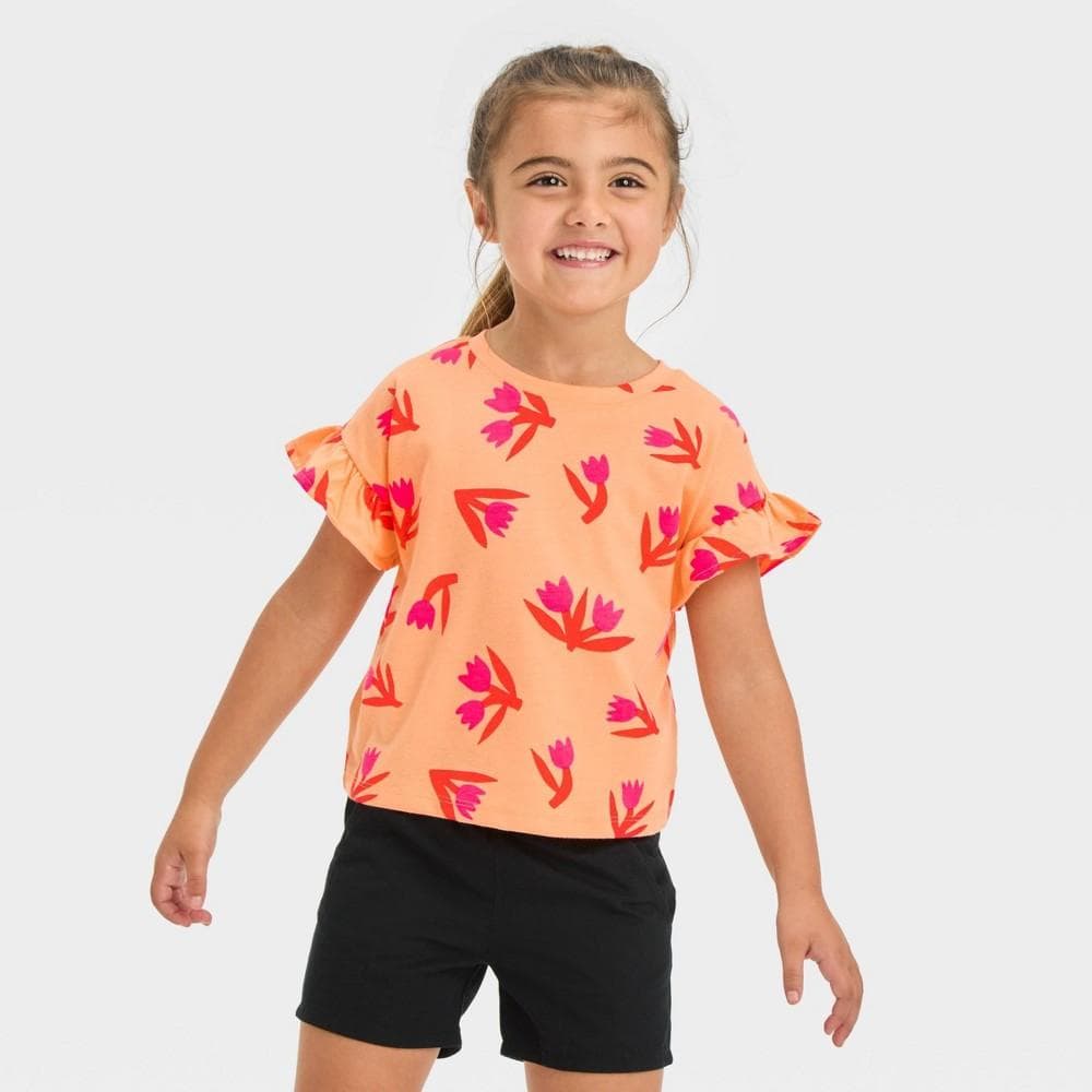 #7024 3T Toddler Girls' Floral Tulip T-Shirt - Cat & Jack Peach Orange: Ruffle Sleeve, Jersey Fabric, Oeko-Tex Certified - Regular