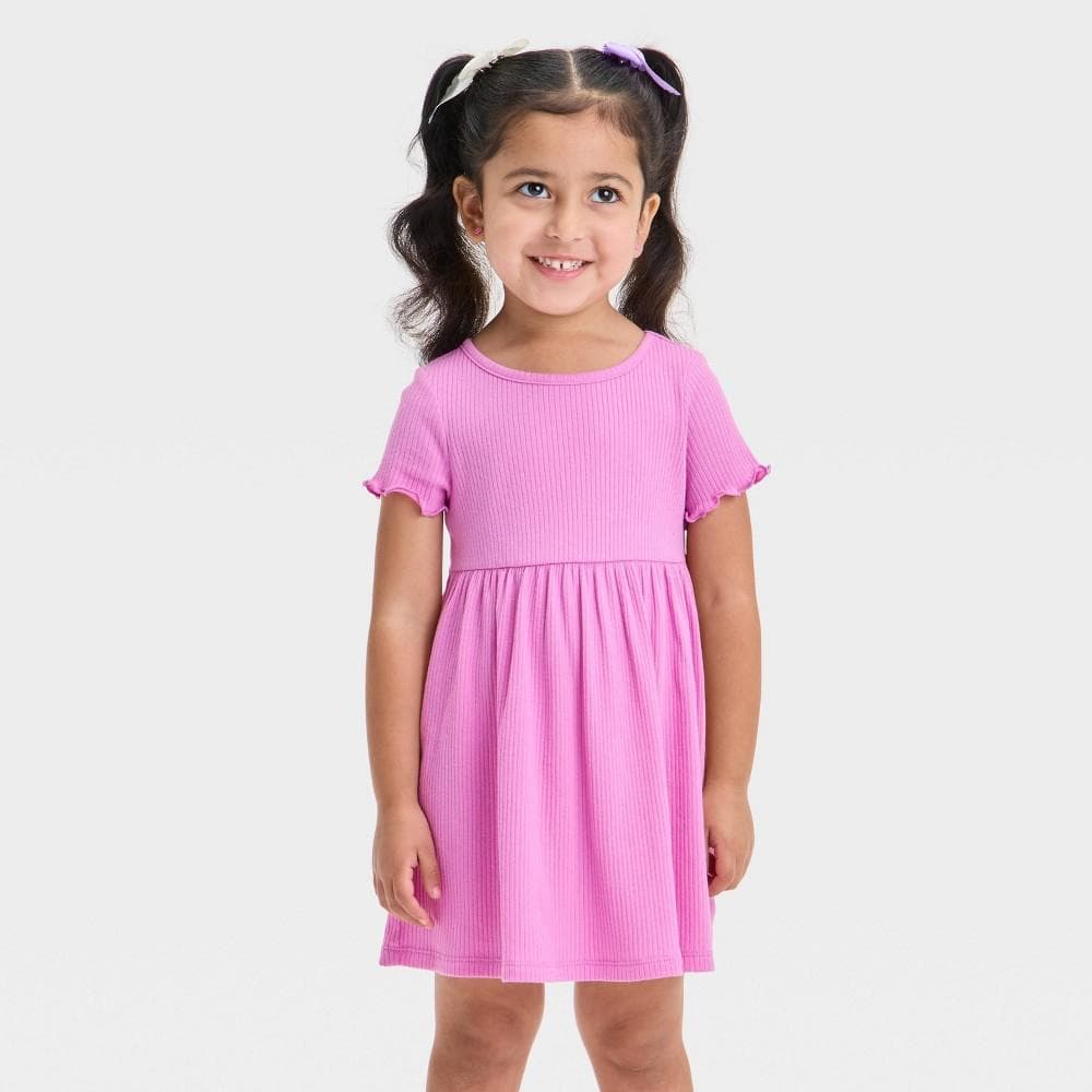 #6742 2T Toddler Girls' Short Sleeve Ribbed Dress - Cat & Jack™ Purple: Cotton Blend, Midweight, Crew Neck - Regular