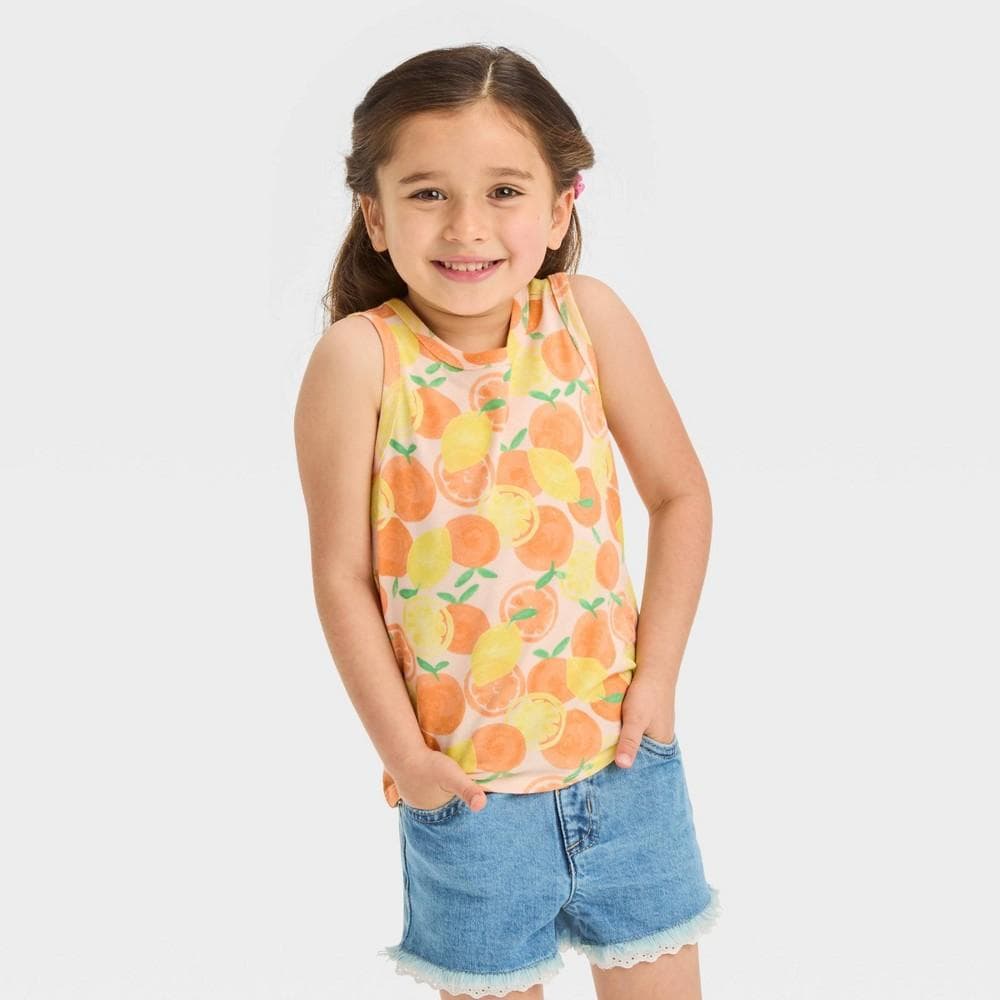 #6720 3T Toddler Girls' Tank Top - Cat & JackTM Peach Orange 3T: Citrus Print, Crewneck, Cotton Blend, Sleeveless