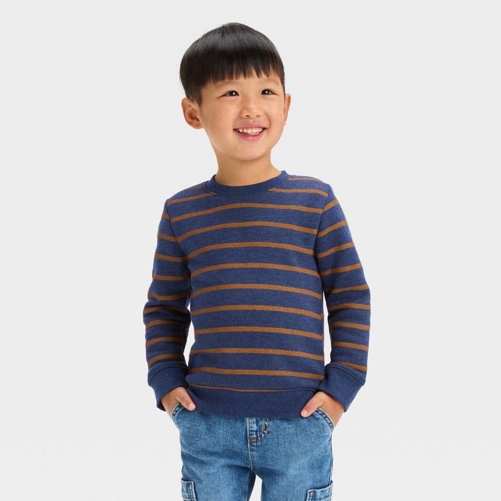 #6757 3T Toddler Boys' Striped Fleece Crew Neck Sweatshirt - Cat & JackTM Navy Blue: Heavyweight Pullover - Regular