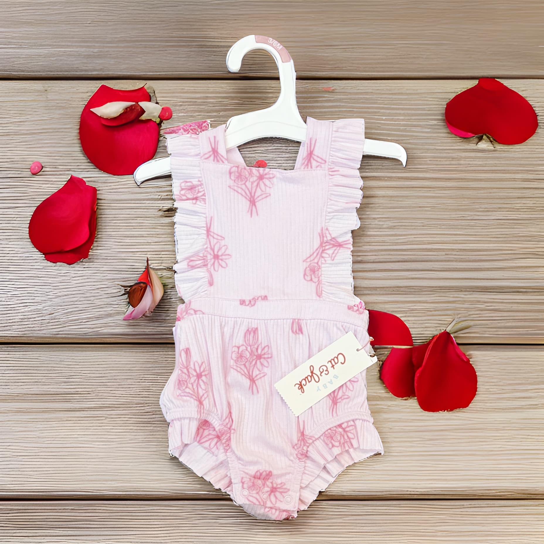 #6755 3-6M Baby Girls' Ruffle Romper - Cat & Jack™ Pink : Floral Pattern, Crisscross Back, Adjustable Strap - Regular - Thumbnail 4