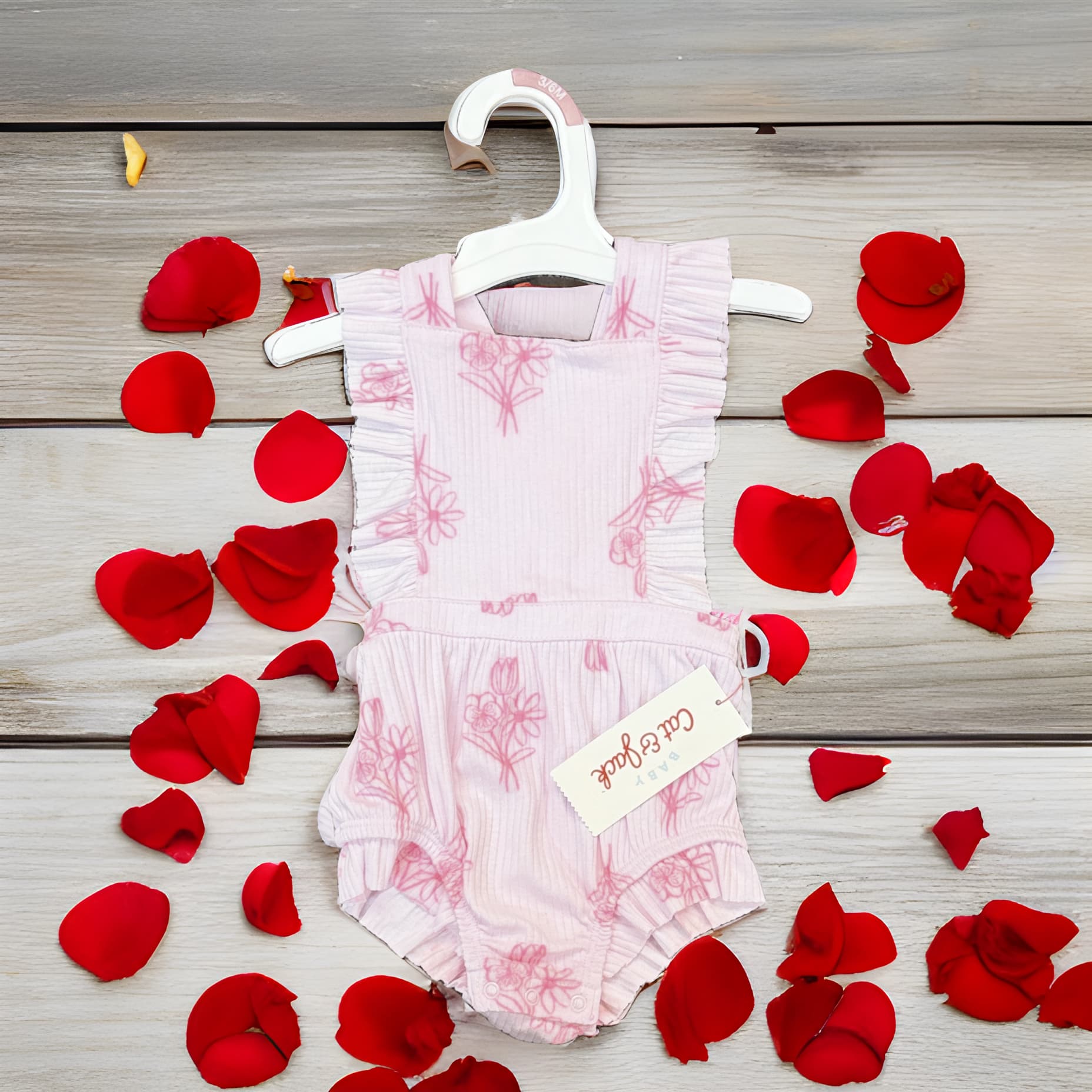 #6755 3-6M Baby Girls' Ruffle Romper - Cat & Jack™ Pink : Floral Pattern, Crisscross Back, Adjustable Strap - Regular - Thumbnail 3