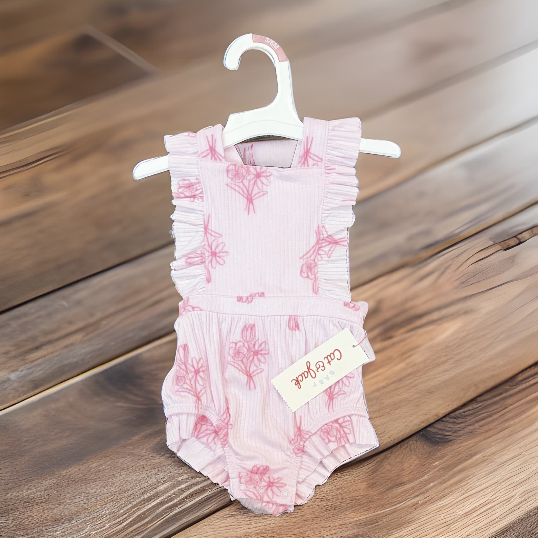 #6755 3-6M Baby Girls' Ruffle Romper - Cat & Jack™ Pink : Floral Pattern, Crisscross Back, Adjustable Strap - Regular