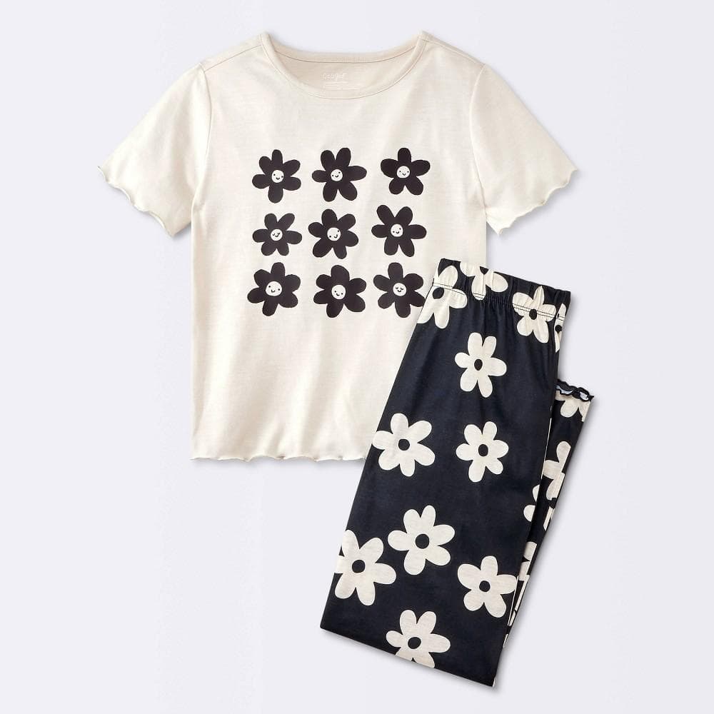 #6783 Size M (8) Girls' 2pc Short Sleeve Pajama Set - Cat & Jack™ black sunflower - Regular