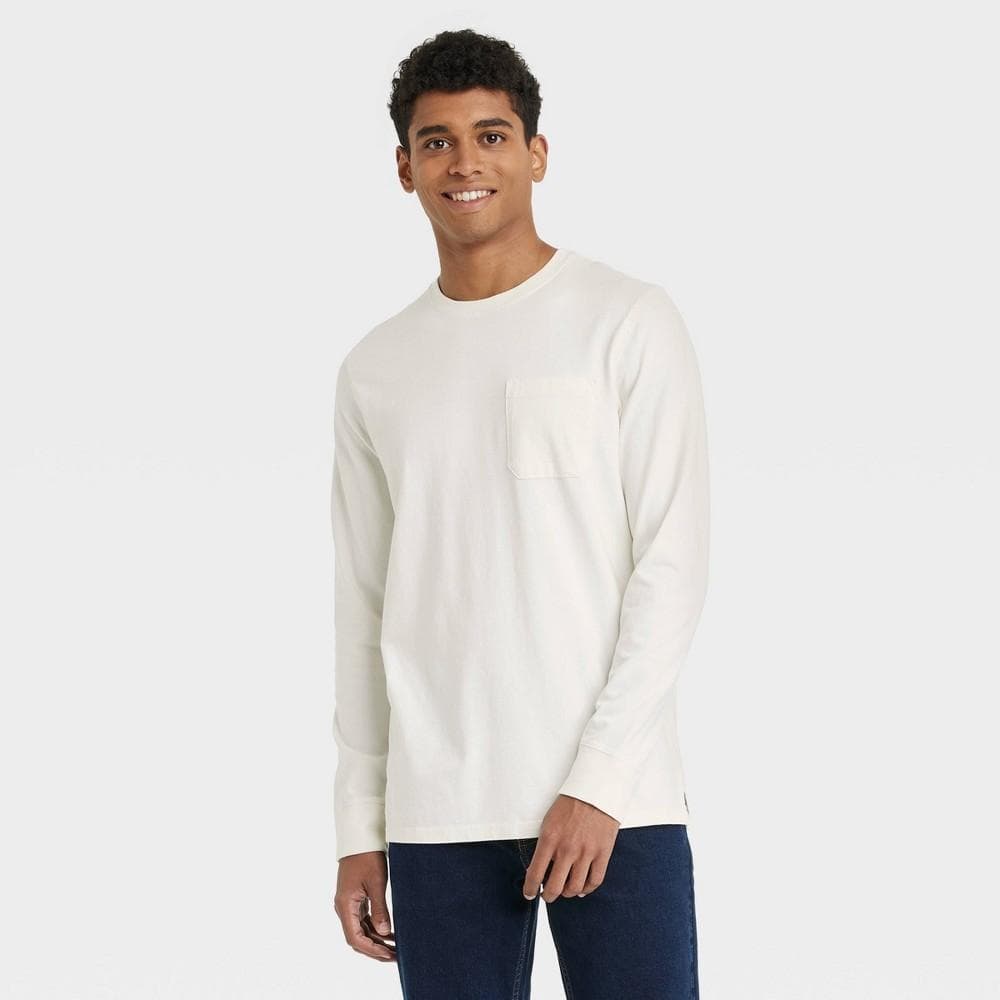 #6787 Size Medium Men's Long Sleeve Pocket T-Shirt - Goodfellow White - Regular