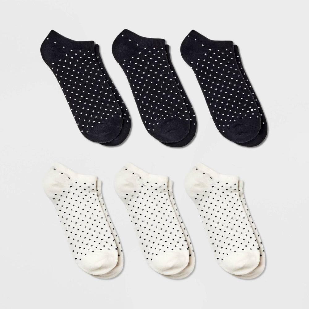 #6788 Size 4-10 Women's Polka Dot 6Pk Low Cut Socks - A New Day Black/Ivory - Regular