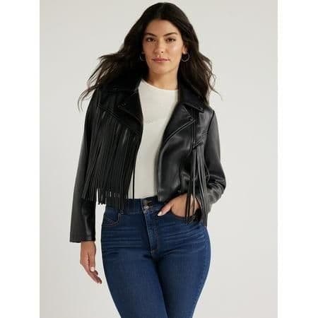 #6806 Size Medium Sofia Women Faux Leather Asymmetric Zip Fringe Jacket - Regular