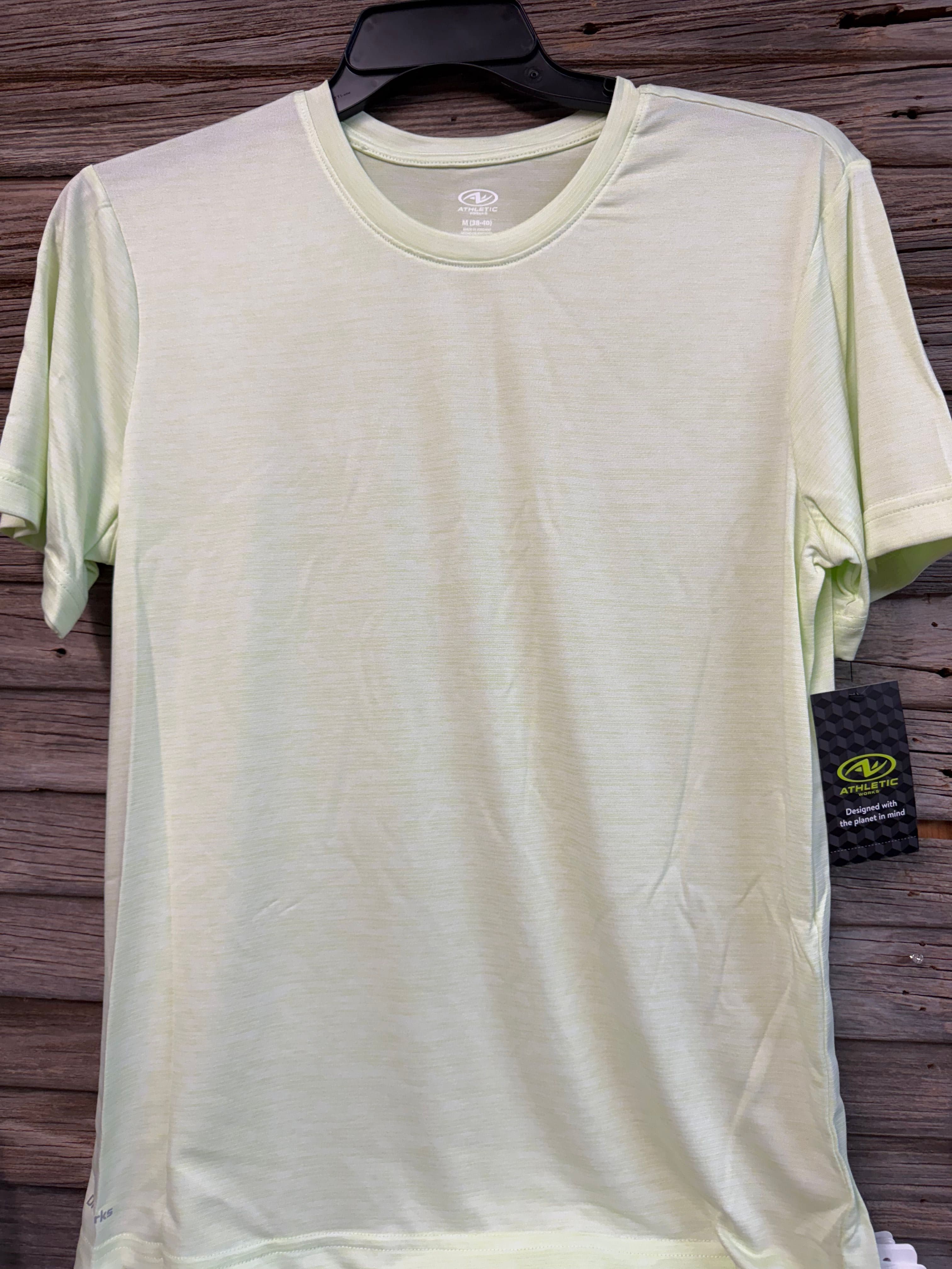 #6803 Size M (38-40) Athletic Works Short Sleeve Shirt Lime Glow Stripe Poly Jersey Tee - Regular