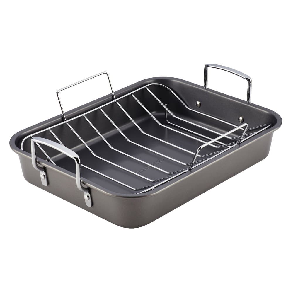 Farberware 12" X 16" Nonstick Roaster with Rack: Steel, Riveted Handle, Oven-Safe, Turkey Roasting Pan, Even-Heating - Regular