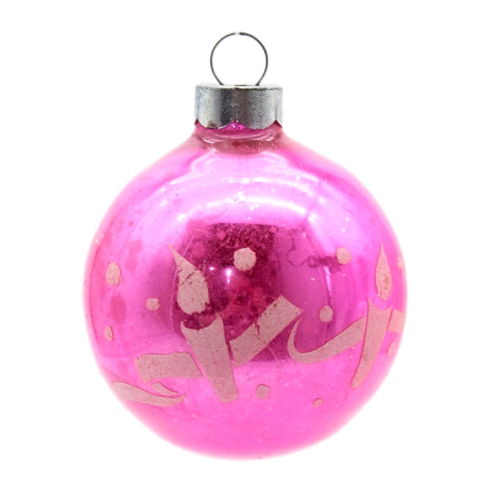 Shiny Brite Vintage Pink Stencil Candle Ribbon Motif Glass Christmas Ornament