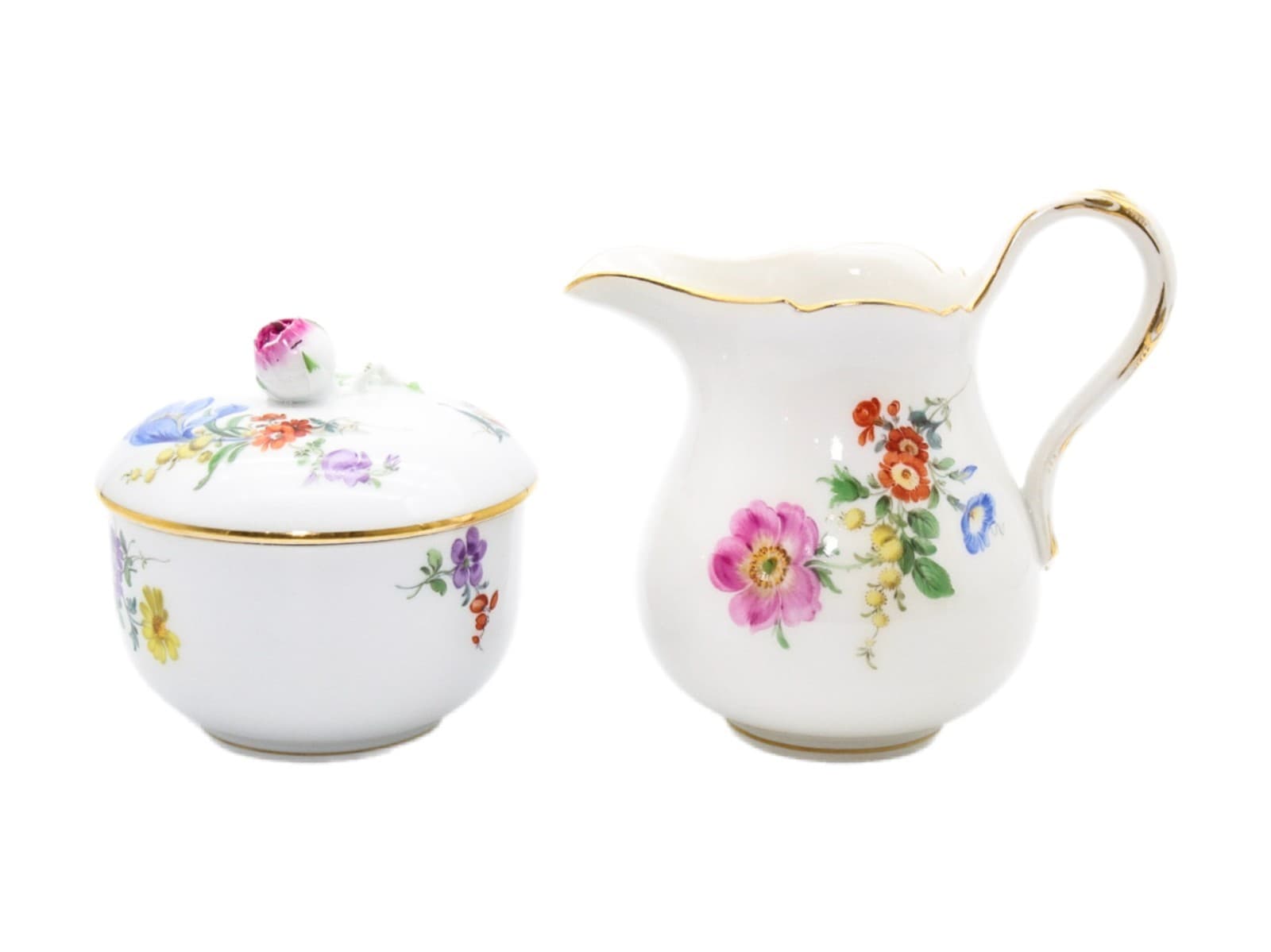 Meissen Germany Hand Painted Bunte Blume Pattern Porcelain Sugar Bowl & Creamer