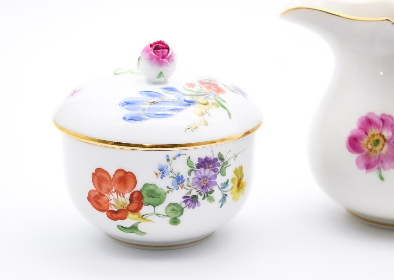 Meissen Germany Hand Painted Bunte Blume Pattern Porcelain Sugar Bowl & Creamer - Thumbnail 6