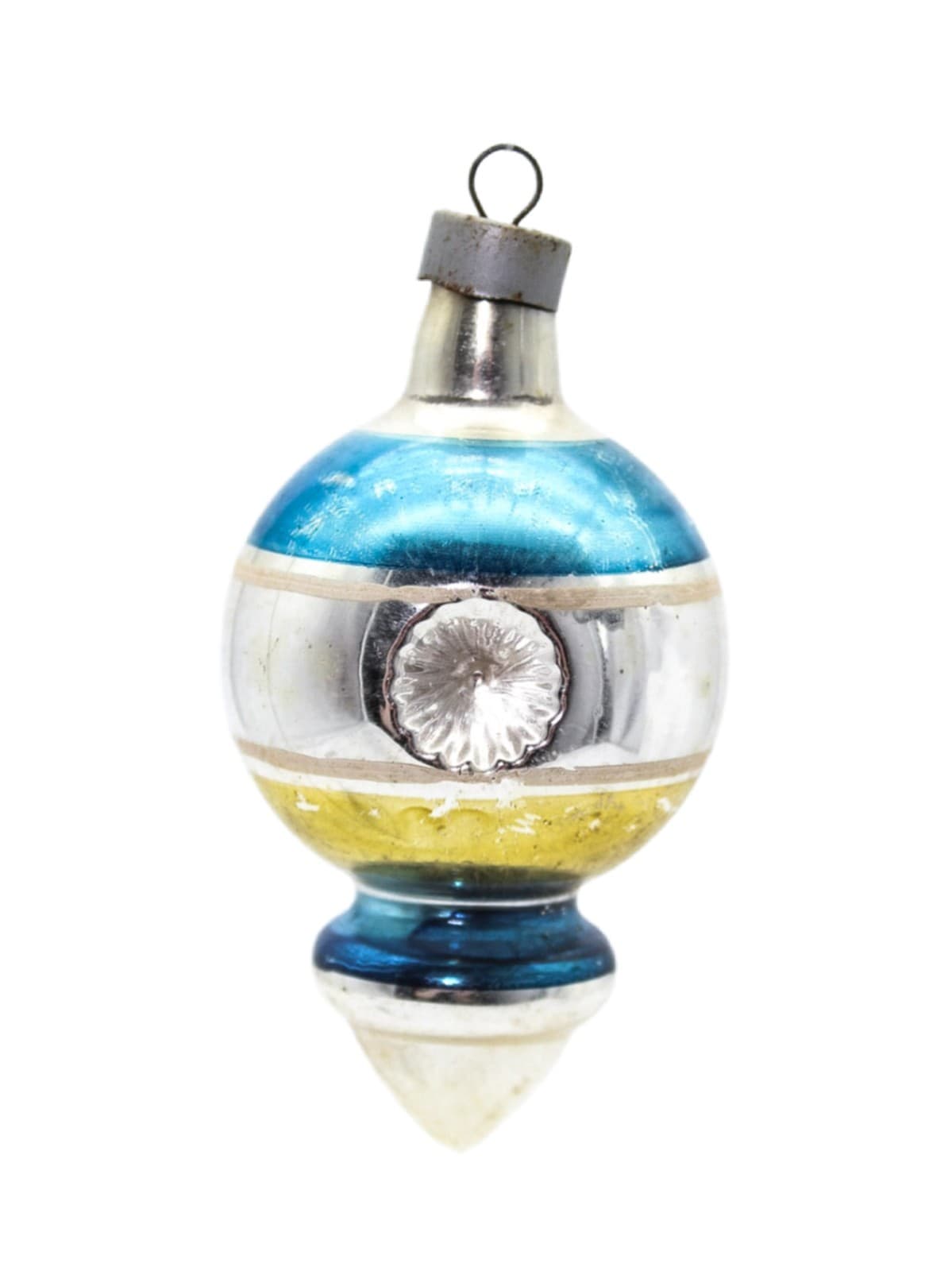 WWII Era Premier Glass Double Reflector Yellow Blue Stripe Christmas Ornament