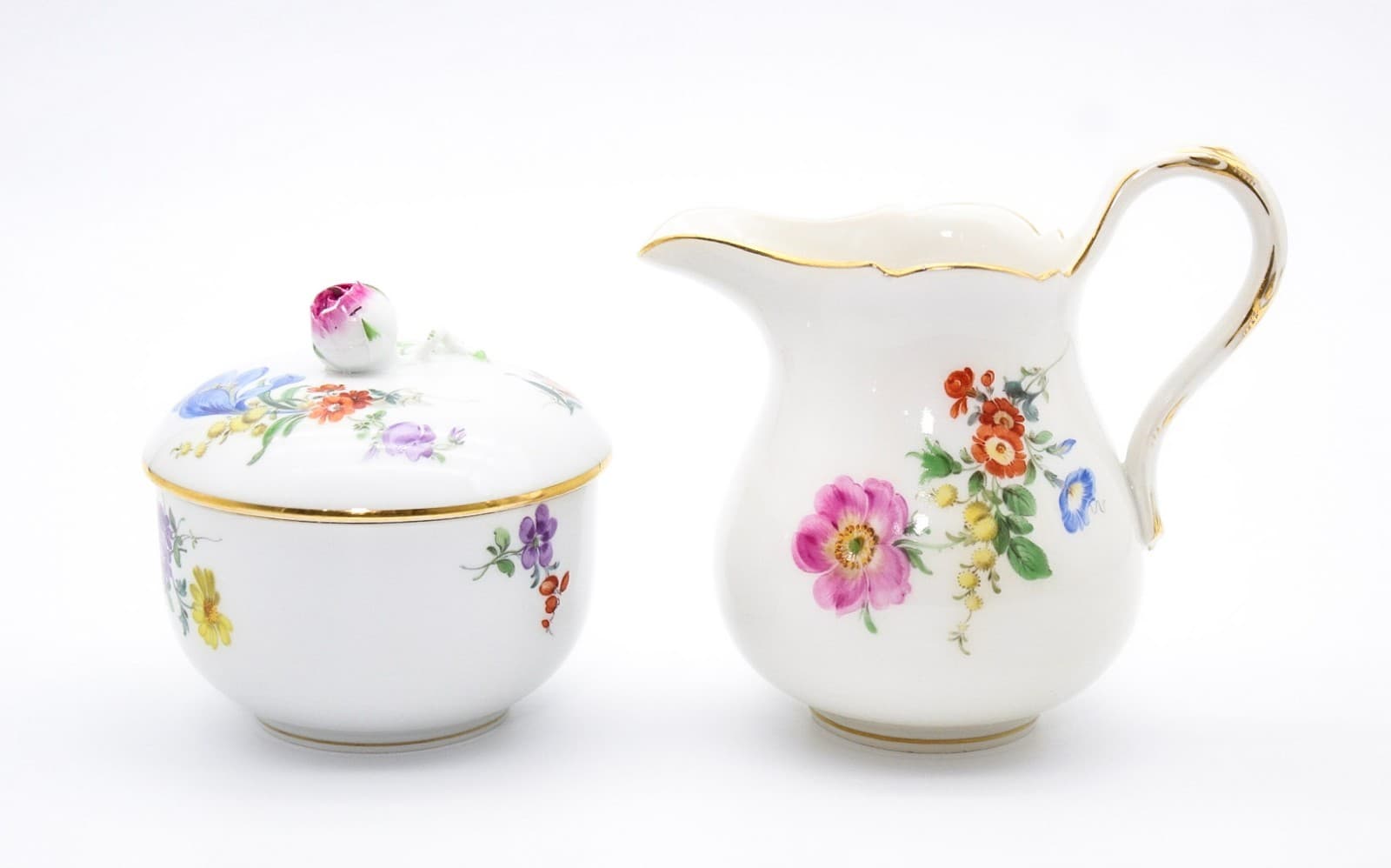 Meissen Germany Hand Painted Bunte Blume Pattern Porcelain Sugar Bowl & Creamer - Thumbnail 12