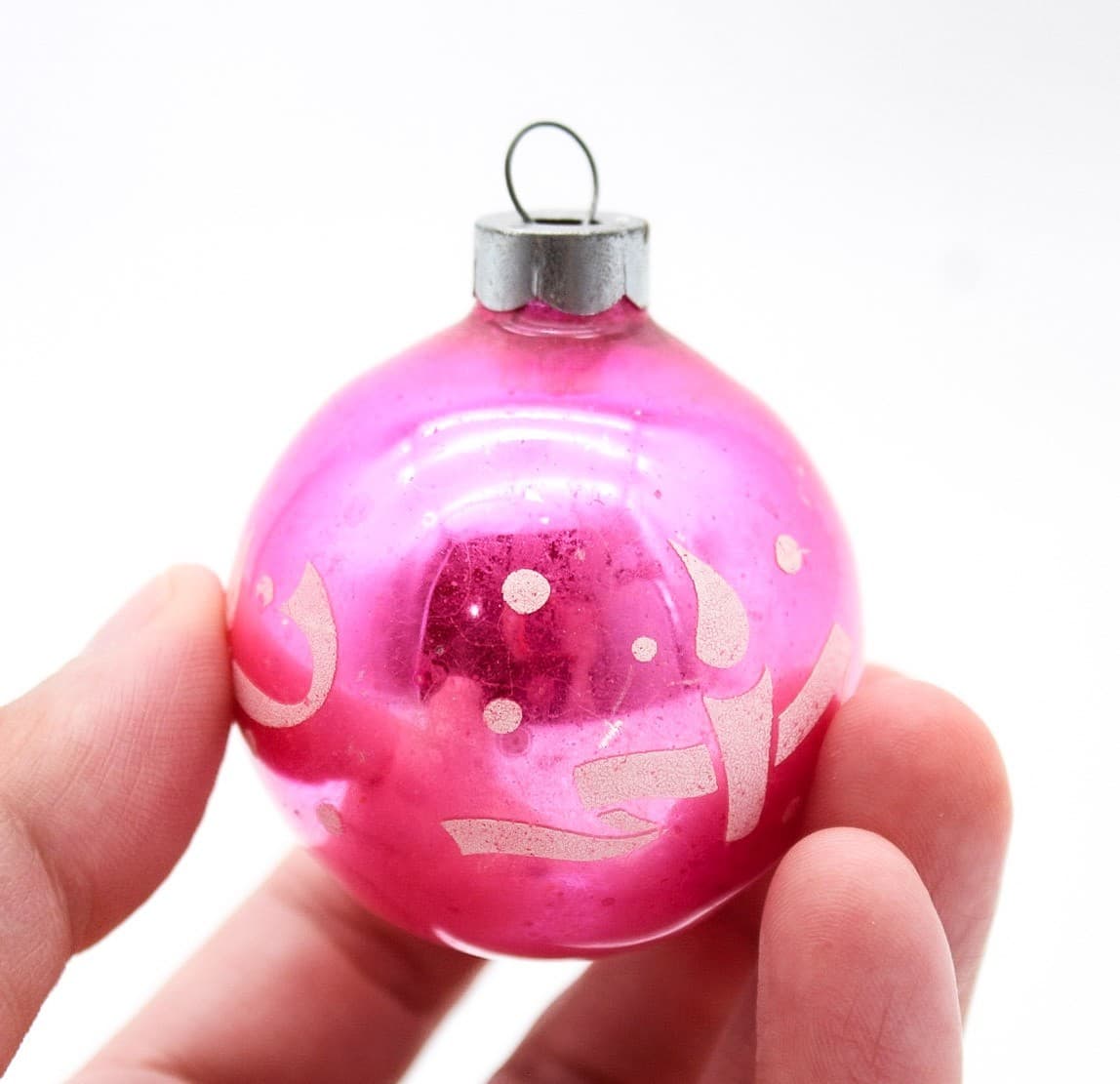 Shiny Brite Vintage Pink Stencil Candle Ribbon Motif Glass Christmas Ornament - Thumbnail 2