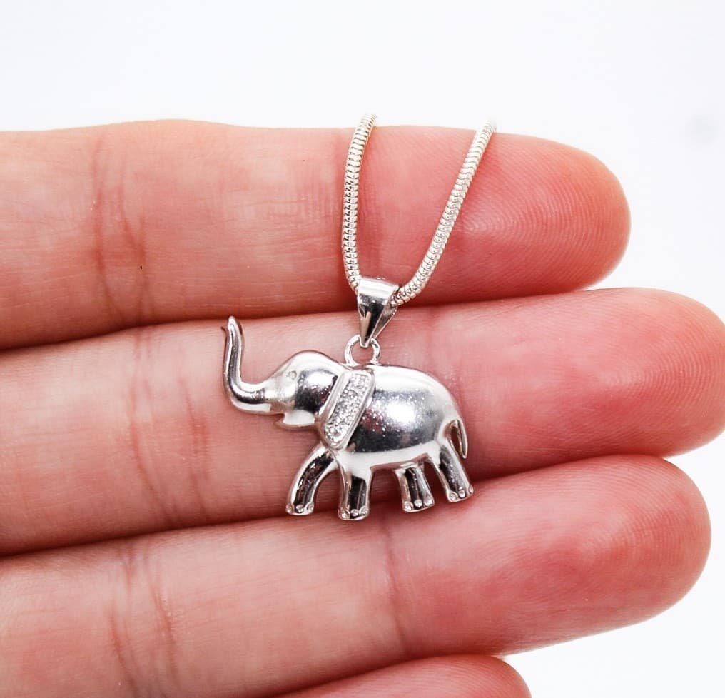 Sterling 925 Italy Pave Cubic Zirconia Elefant Pendant Snake Chain Neckalace - Thumbnail 2