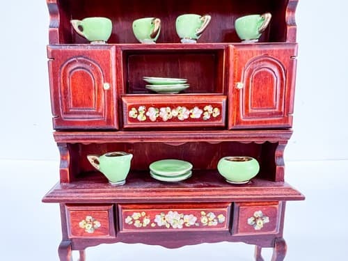 Miniature Dollhouse Wood Display Cabinet Floral Hand Painted Green Tableware - Thumbnail 3