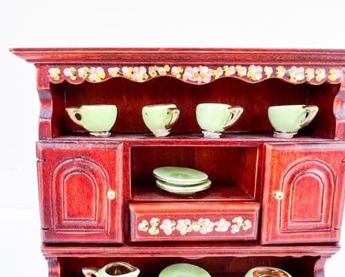 Miniature Dollhouse Wood Display Cabinet Floral Hand Painted Green Tableware - Thumbnail 2