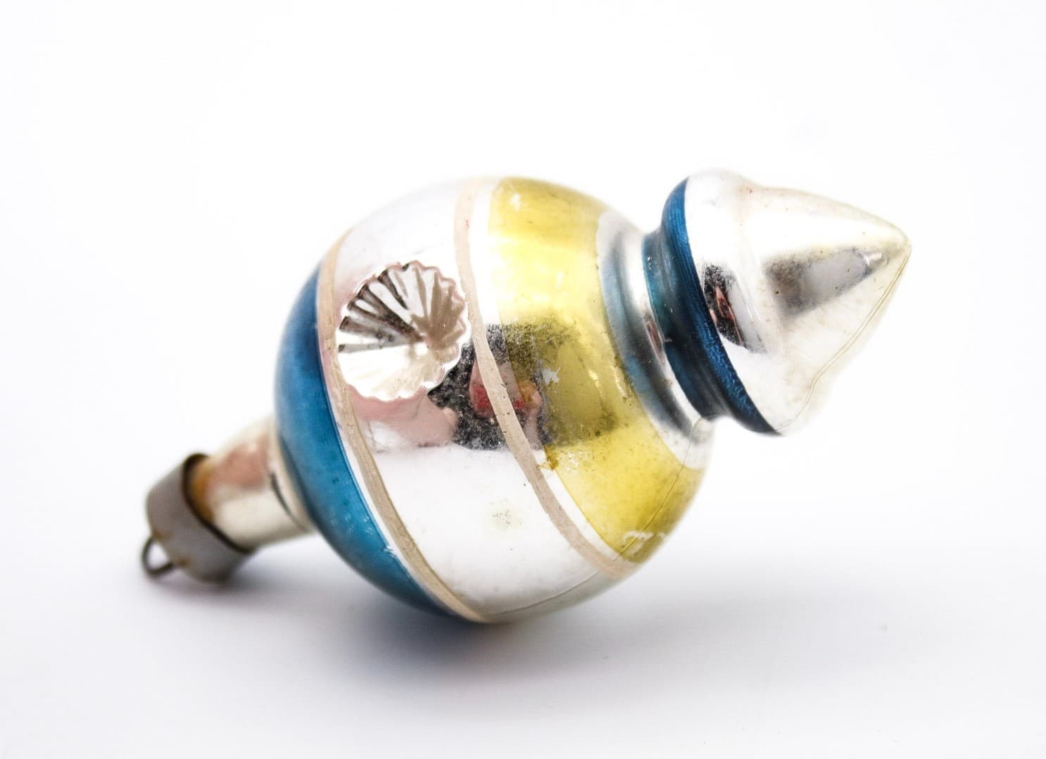 WWII Era Premier Glass Double Reflector Yellow Blue Stripe Christmas Ornament - Thumbnail 3