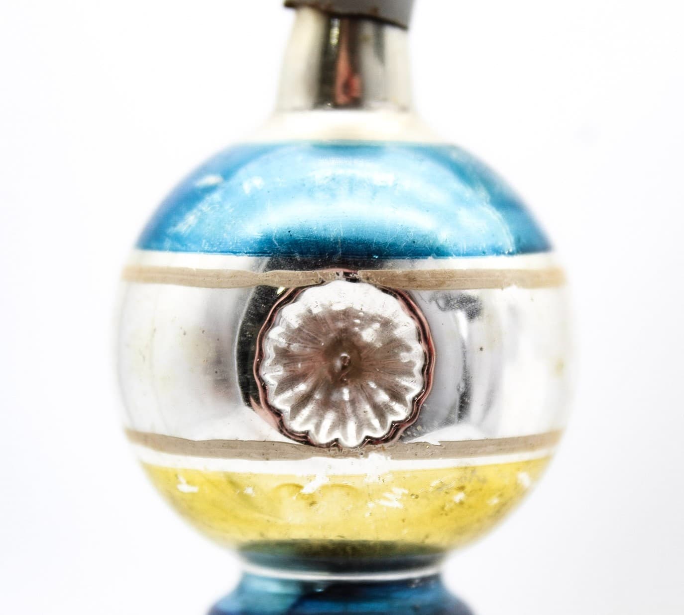 WWII Era Premier Glass Double Reflector Yellow Blue Stripe Christmas Ornament - Thumbnail 7