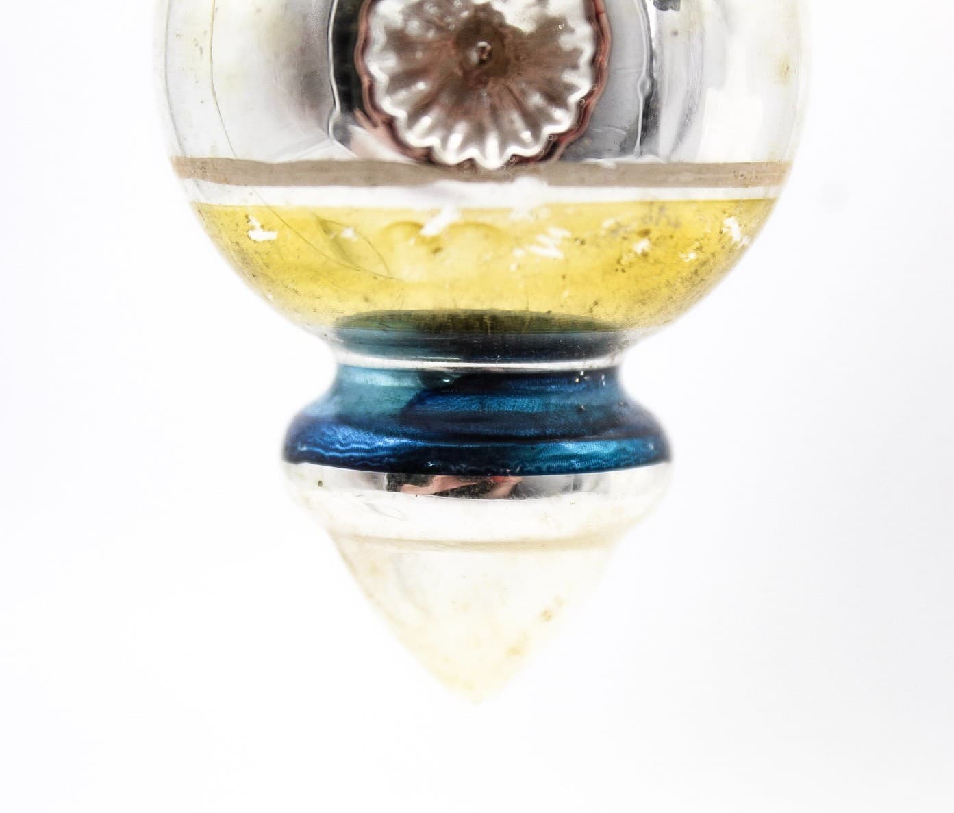 WWII Era Premier Glass Double Reflector Yellow Blue Stripe Christmas Ornament - Thumbnail 6