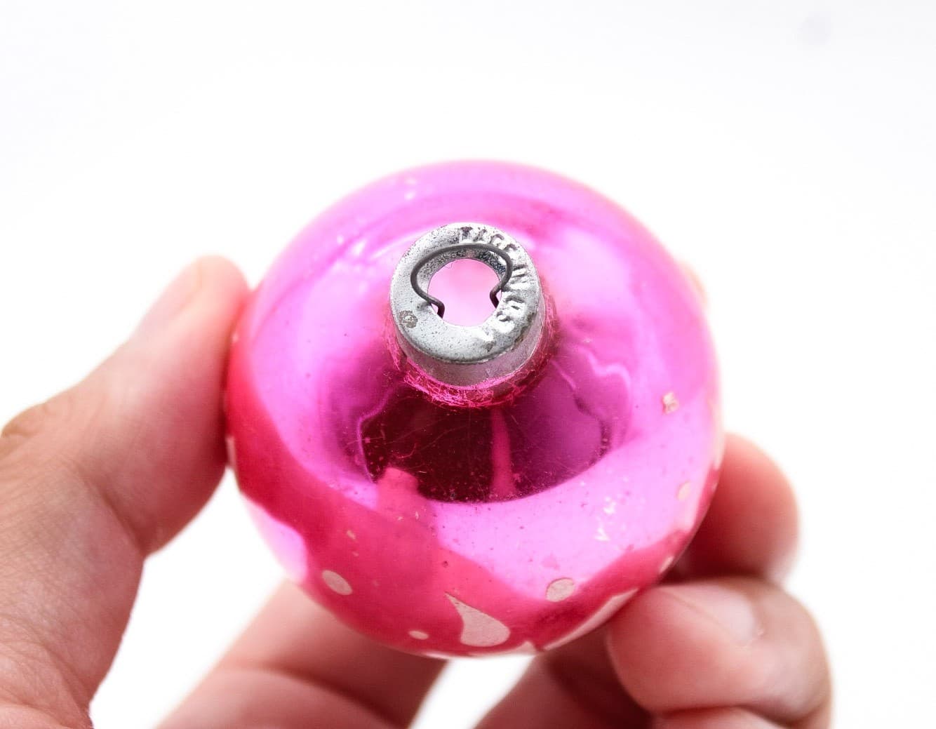 Shiny Brite Vintage Pink Stencil Candle Ribbon Motif Glass Christmas Ornament - Thumbnail 5
