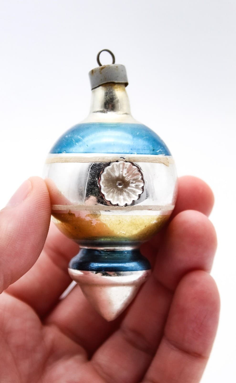 WWII Era Premier Glass Double Reflector Yellow Blue Stripe Christmas Ornament - Thumbnail 2