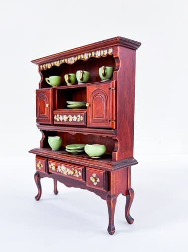 Miniature Dollhouse Wood Display Cabinet Floral Hand Painted Green Tableware - Thumbnail 5