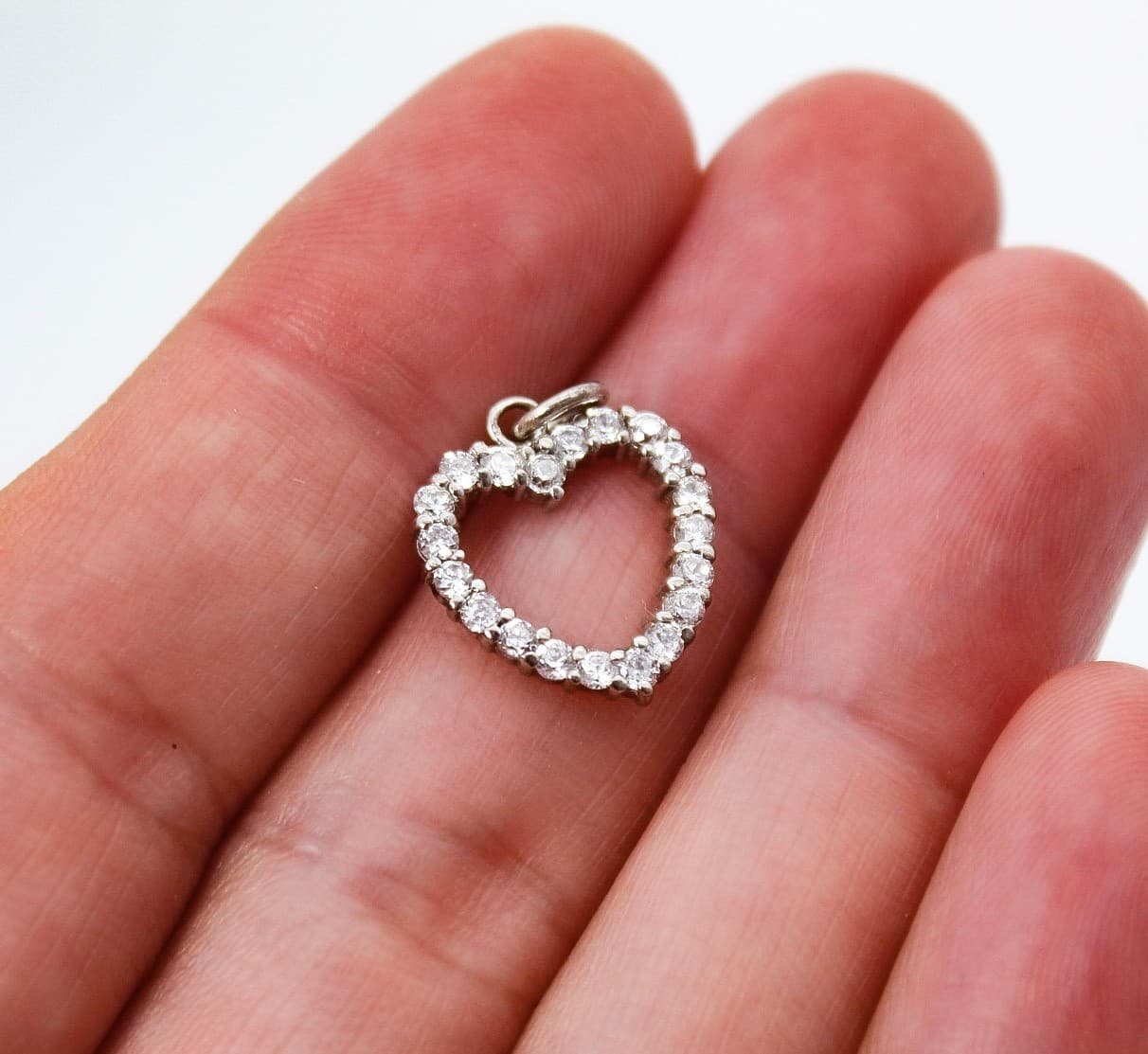 Vintage Sterling Silver 925 Pave Cubic Zirconia CZ Heart Shaped Charm Pendant - Thumbnail 3