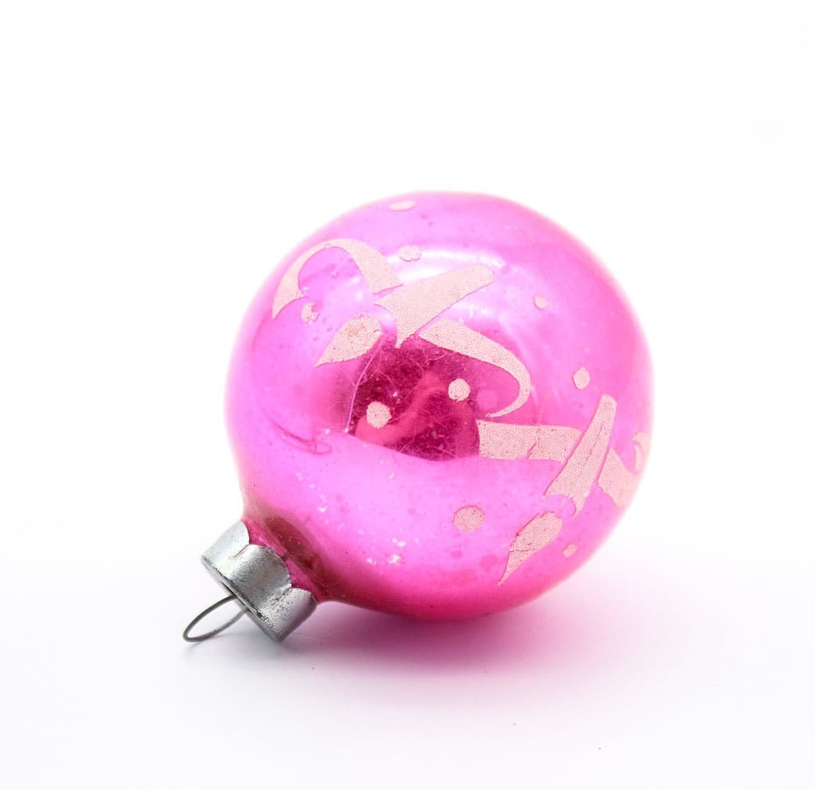 Shiny Brite Vintage Pink Stencil Candle Ribbon Motif Glass Christmas Ornament - Thumbnail 3