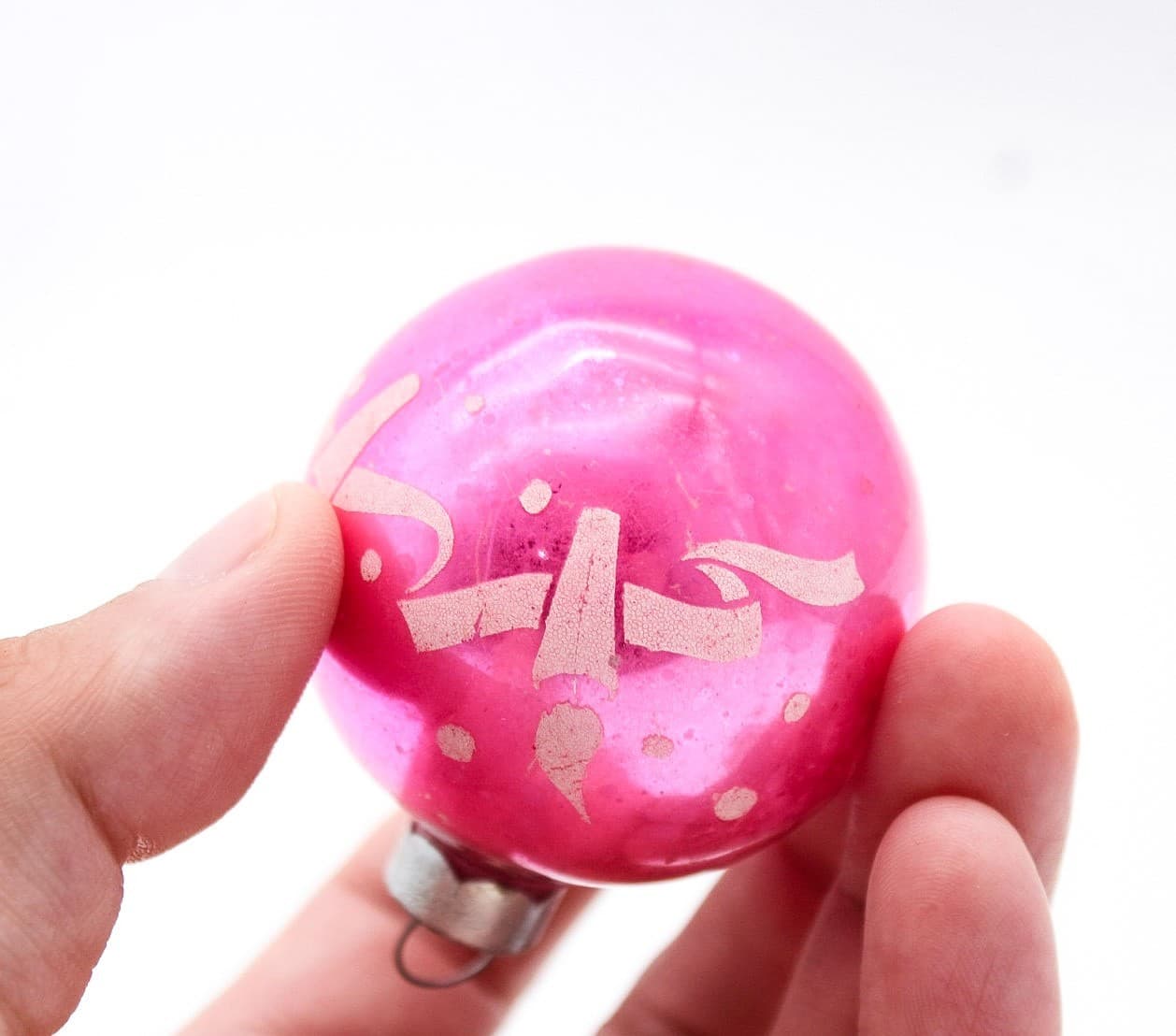 Shiny Brite Vintage Pink Stencil Candle Ribbon Motif Glass Christmas Ornament - Thumbnail 4