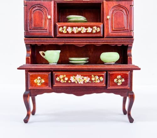 Miniature Dollhouse Wood Display Cabinet Floral Hand Painted Green Tableware - Thumbnail 4