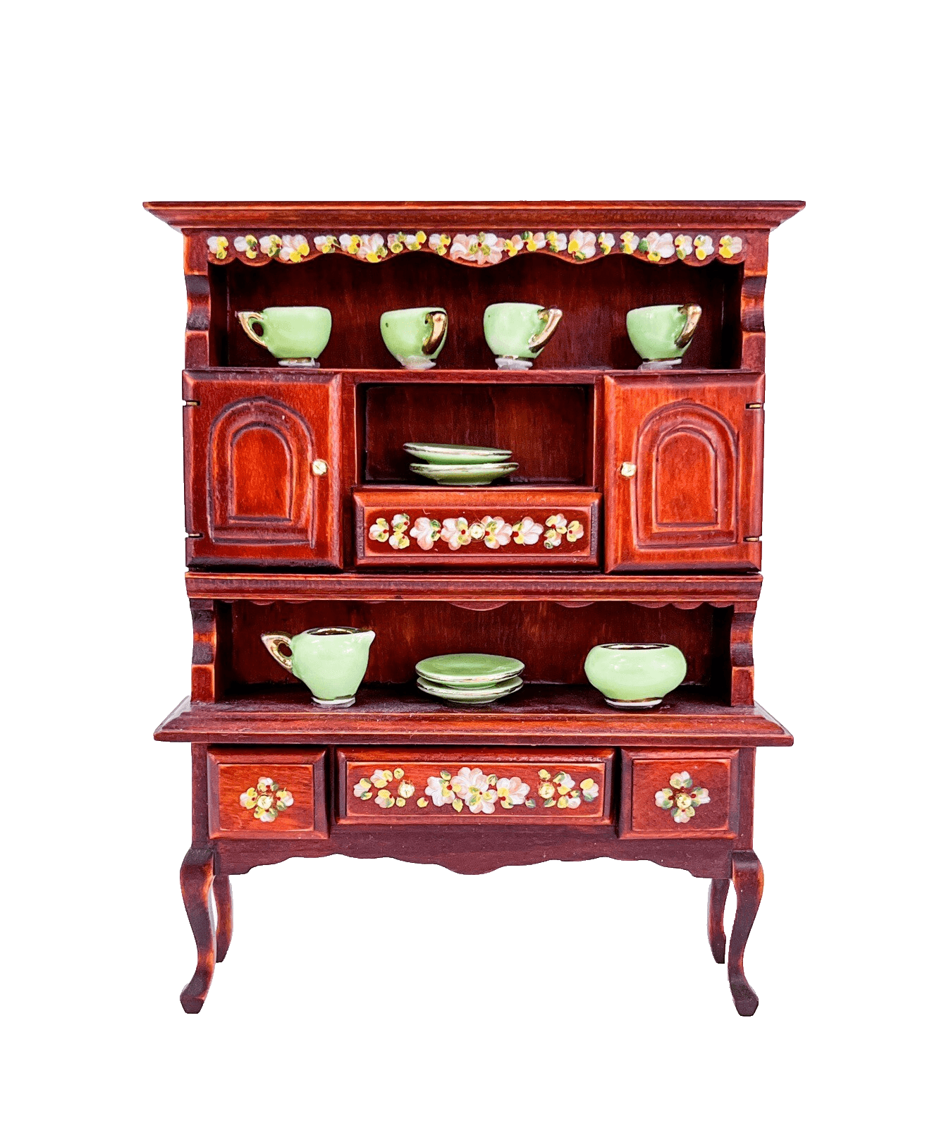 Miniature Dollhouse Wood Display Cabinet Floral Hand Painted Green Tableware
