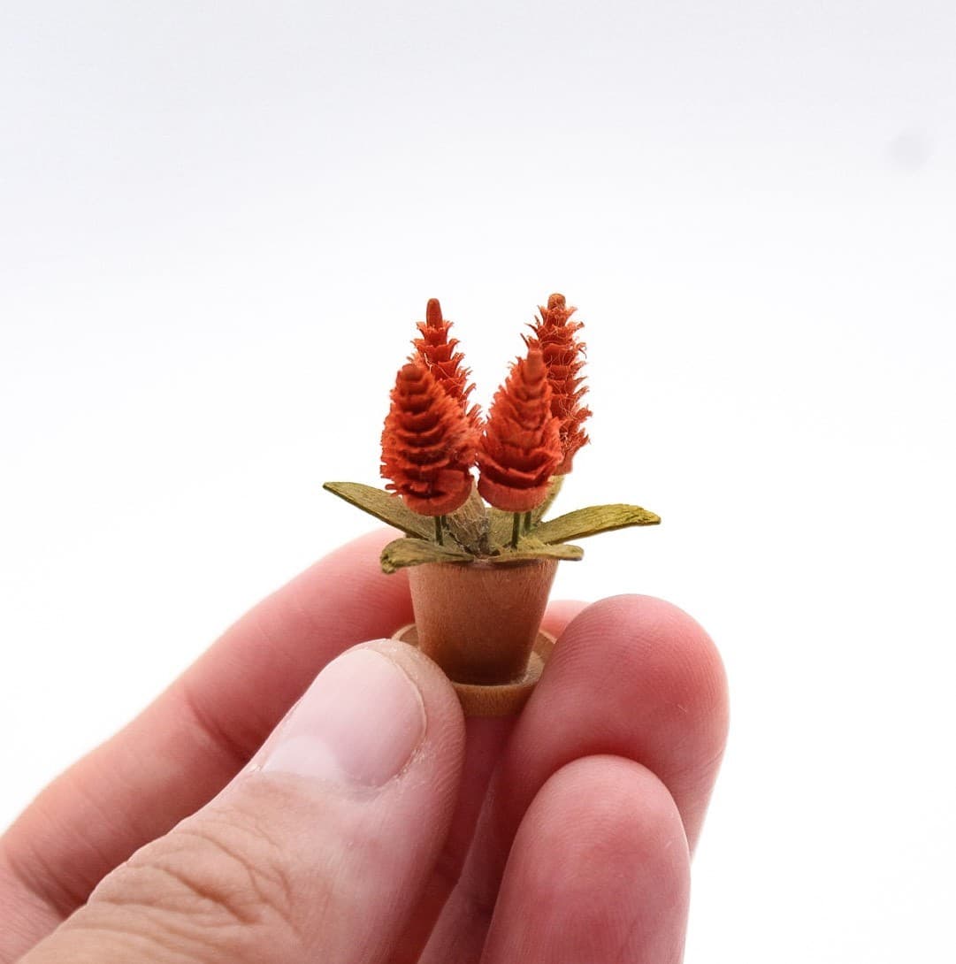 Vintage Miniature Dollhouse Orange Paper Celosia Plant Flower Accesory - Thumbnail 2