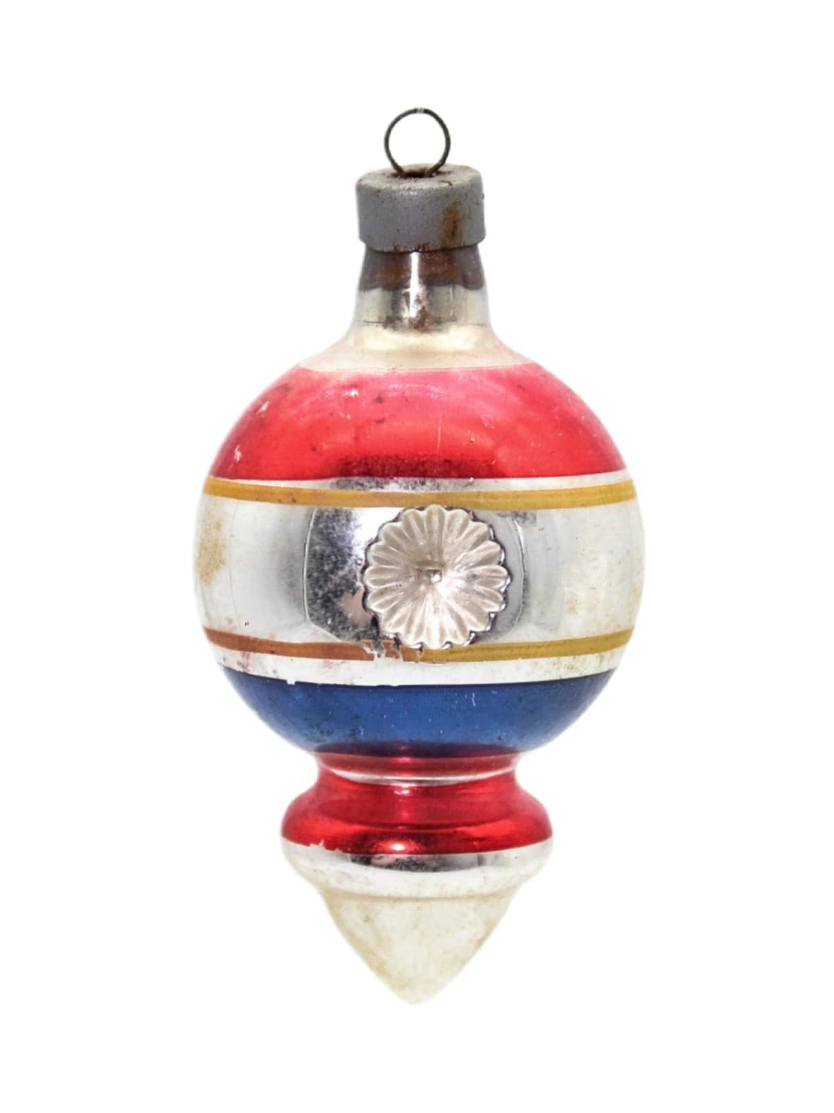 WWII Era Premier Glass Double Reflector Blue & Red Stripe Christmas Ornament