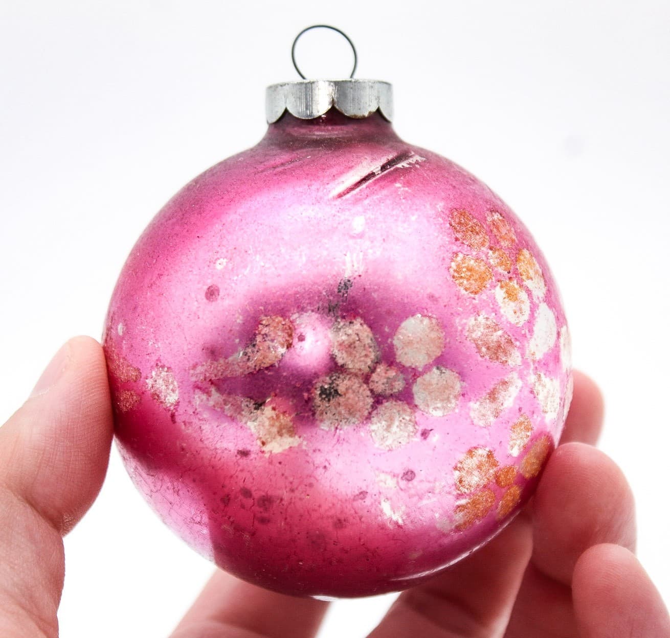 Shiny Brite Vintage Pink Silver Floral Motif Glass Christmas Ornament 3" - Thumbnail 5