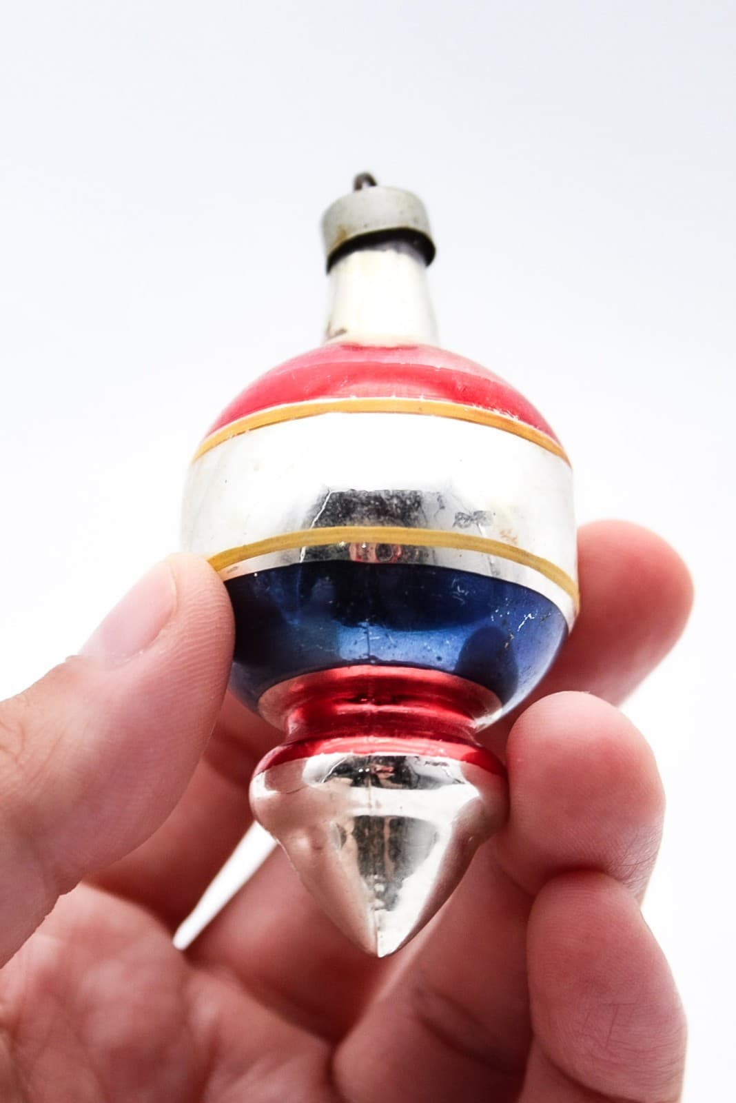 WWII Era Premier Glass Double Reflector Blue & Red Stripe Christmas Ornament - Thumbnail 5