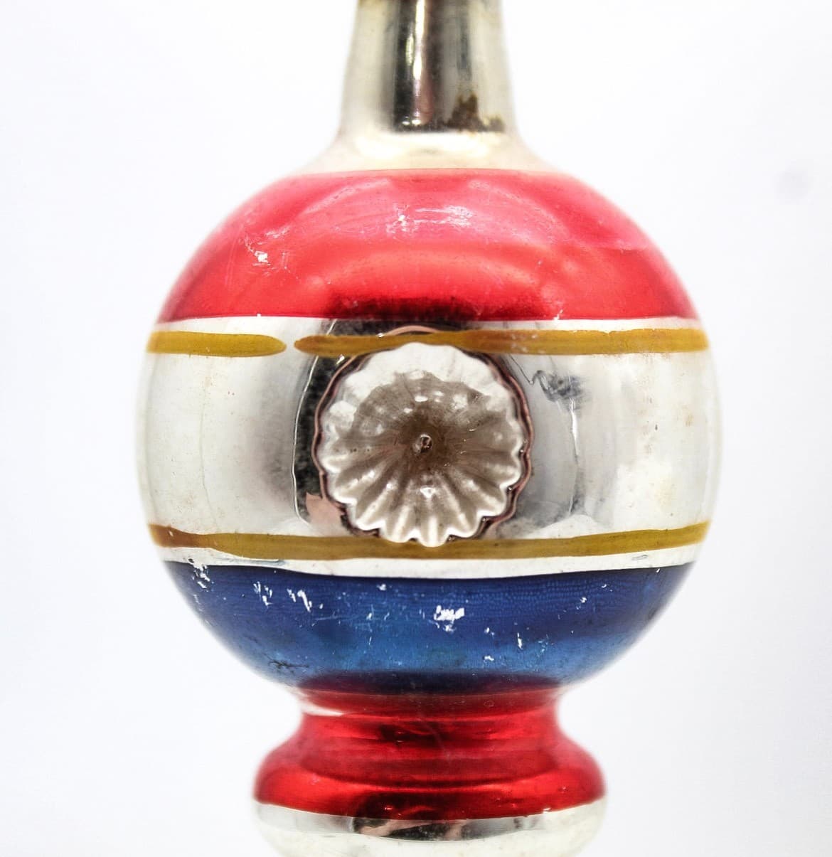 WWII Era Premier Glass Double Reflector Blue & Red Stripe Christmas Ornament - Thumbnail 7