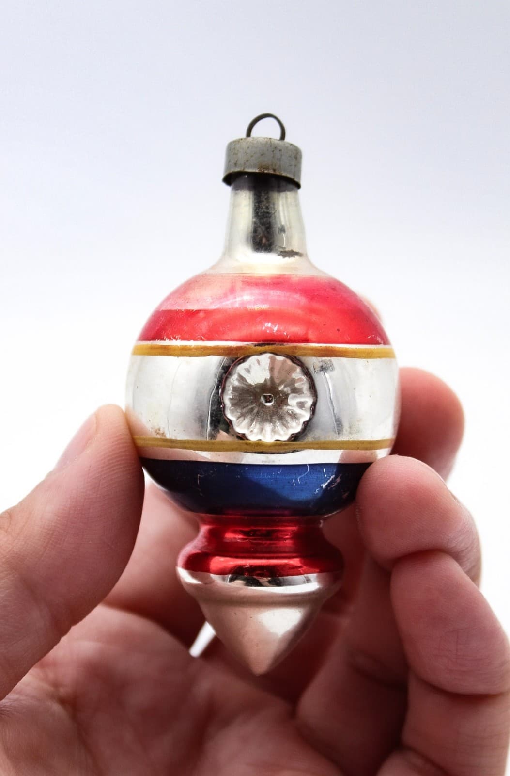 WWII Era Premier Glass Double Reflector Blue & Red Stripe Christmas Ornament - Thumbnail 2