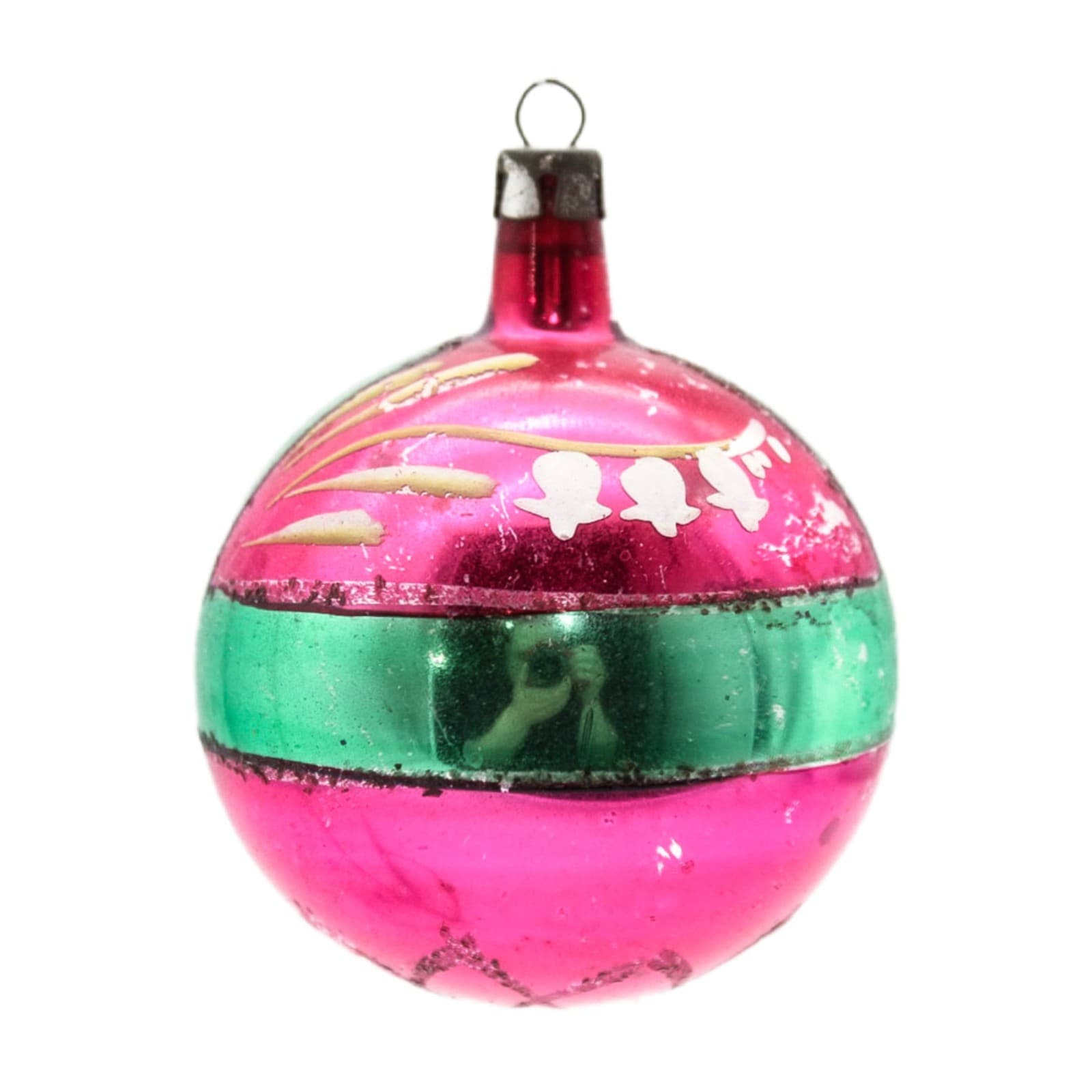 Vintage Mica Poland Pink & Green Lilly Flower Motif Glass Christmas Ornament