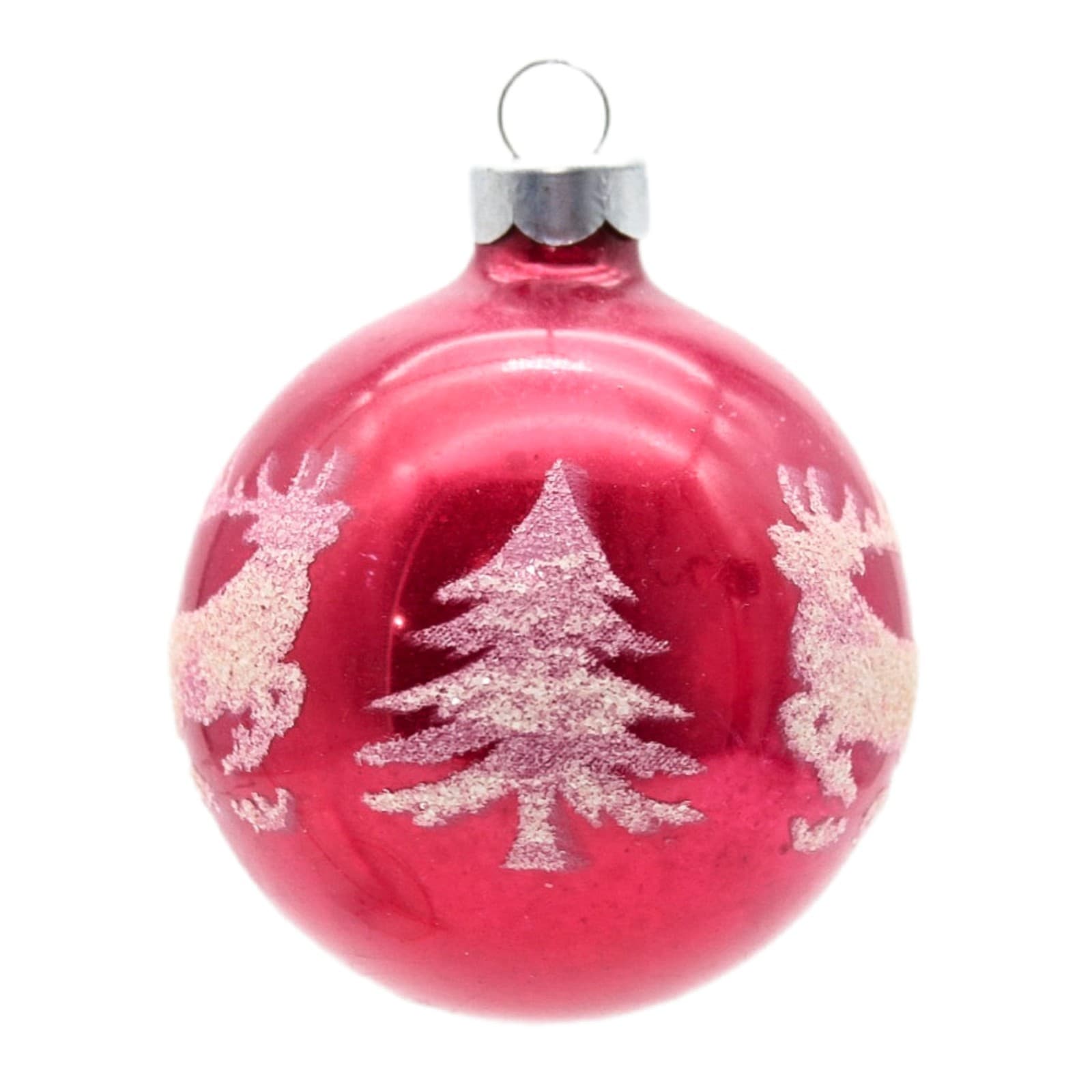 Shiny Brite Vintage Red White Mica Reindeer Tree Motif Glass Christmas Ornament