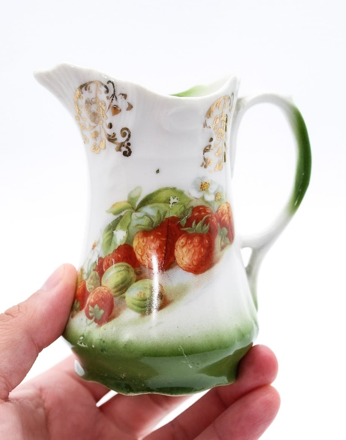 Lehmann Arzberg Antique Bavaria Strawberry Motif Gilt Accent Porcelain Creamer - Thumbnail 2
