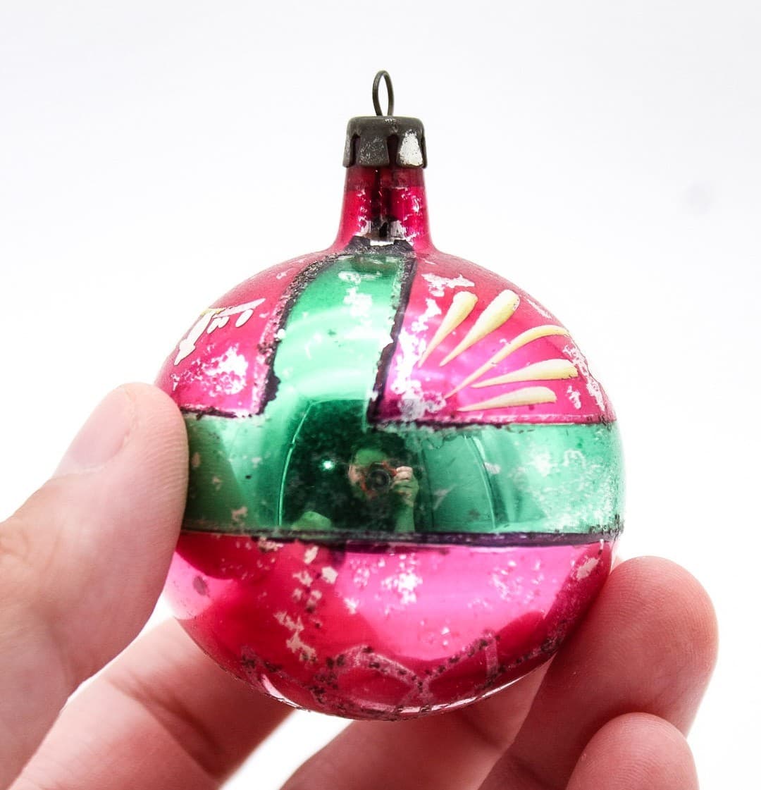 Vintage Mica Poland Pink & Green Lilly Flower Motif Glass Christmas Ornament - Thumbnail 5