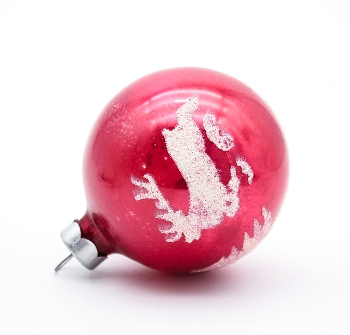 Shiny Brite Vintage Red White Mica Reindeer Tree Motif Glass Christmas Ornament - Thumbnail 2