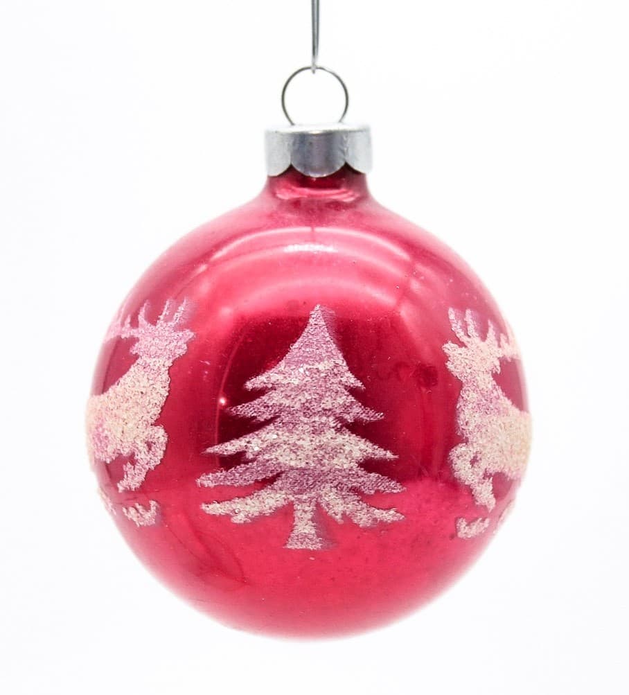 Shiny Brite Vintage Red White Mica Reindeer Tree Motif Glass Christmas Ornament - Thumbnail 6