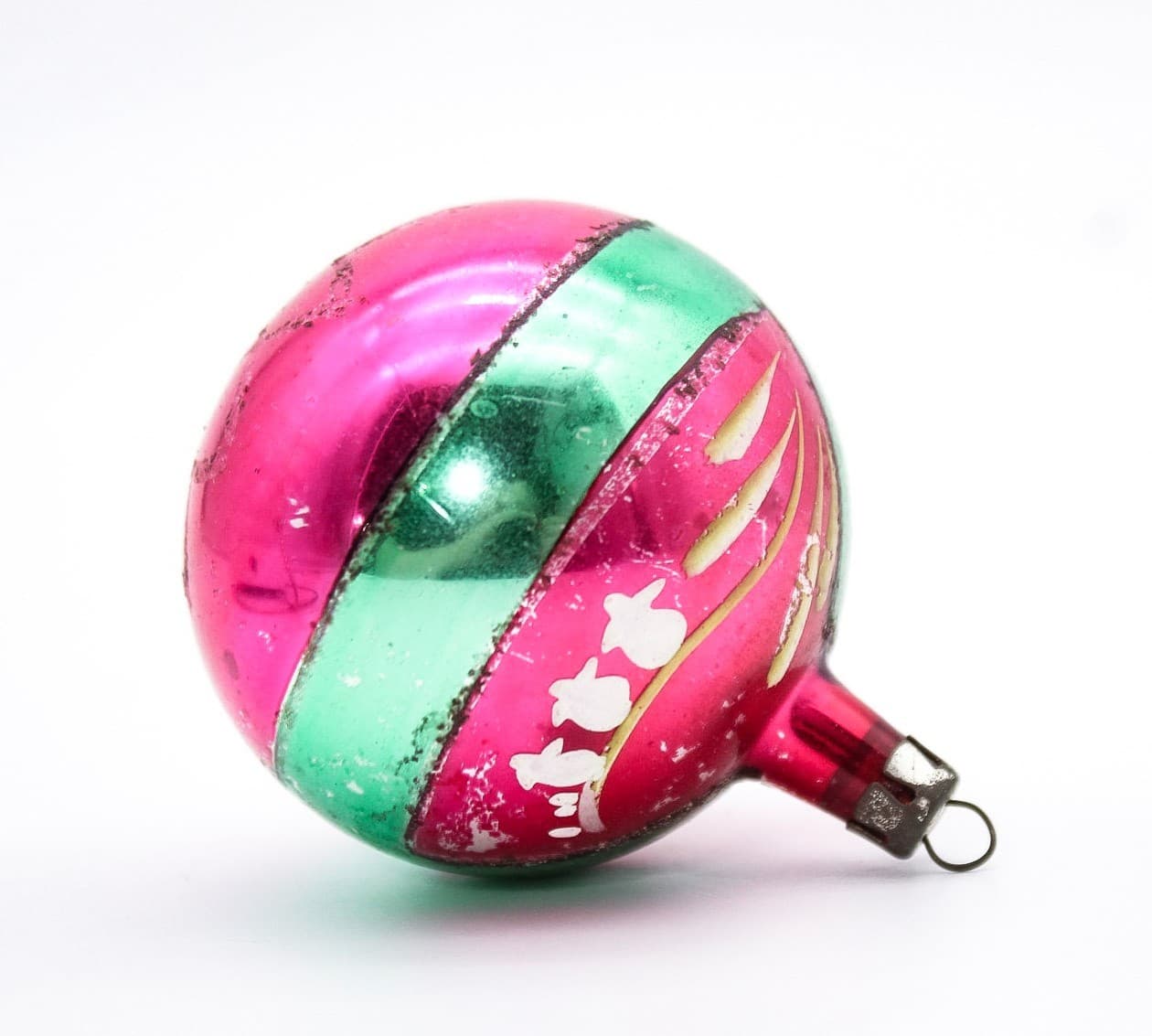 Vintage Mica Poland Pink & Green Lilly Flower Motif Glass Christmas Ornament - Thumbnail 2