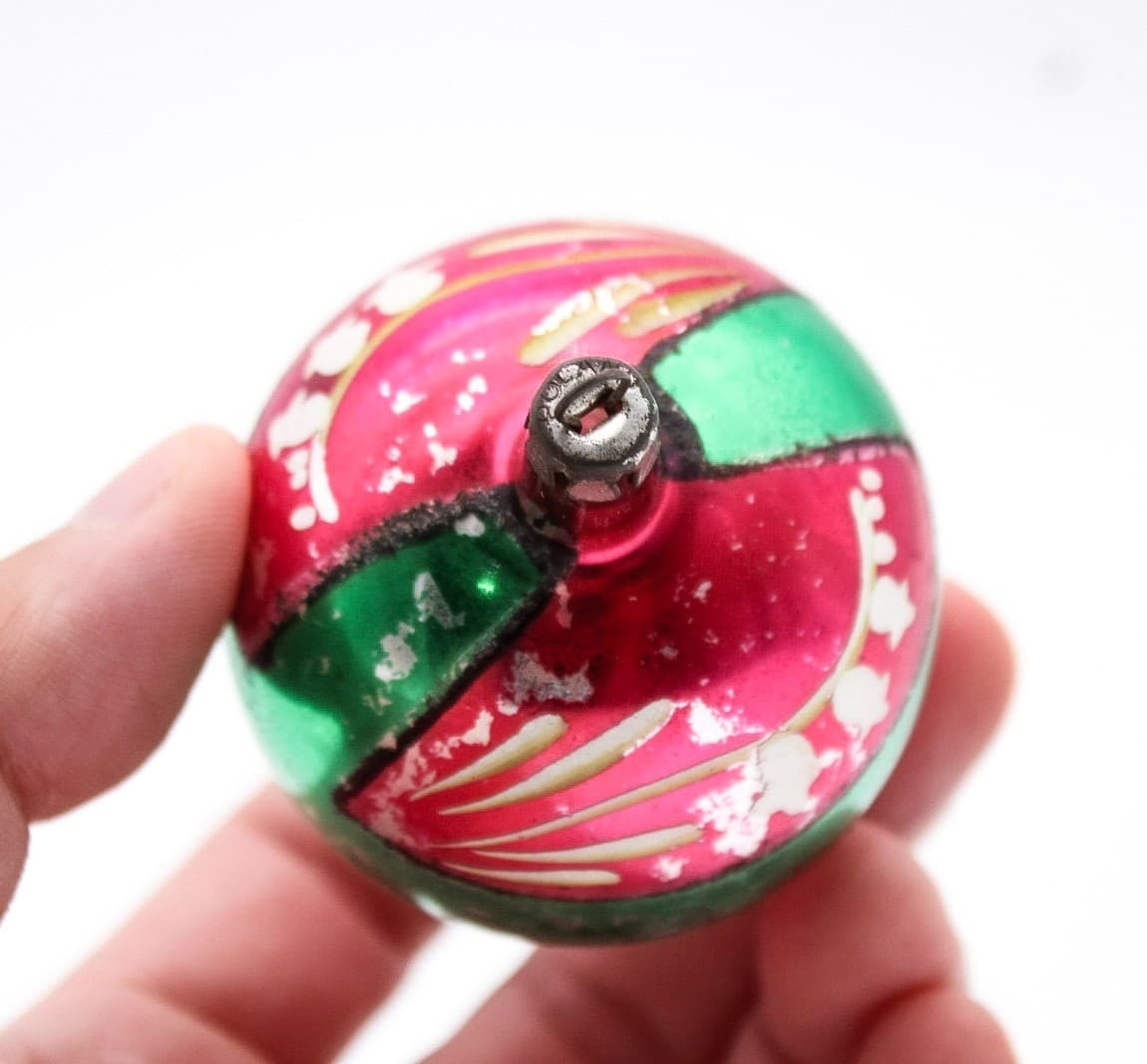 Vintage Mica Poland Pink & Green Lilly Flower Motif Glass Christmas Ornament - Thumbnail 4